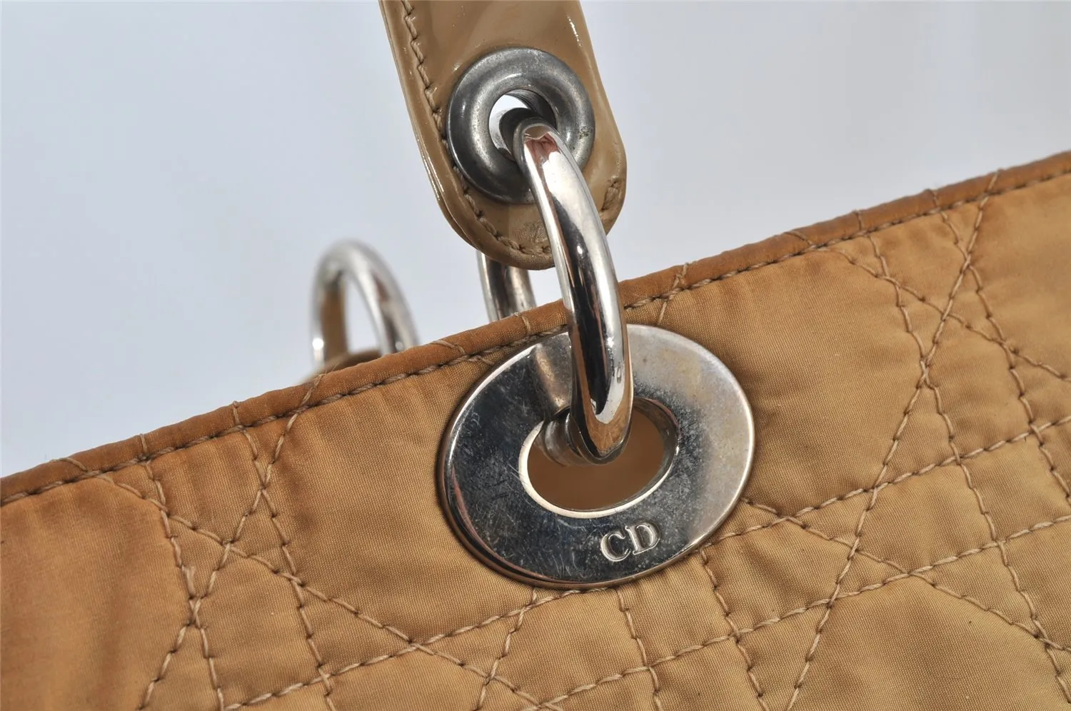 Auth Christian Dior Lady Dior Cannage Nylon Leather 2Way Hand Bag Beige 9305I