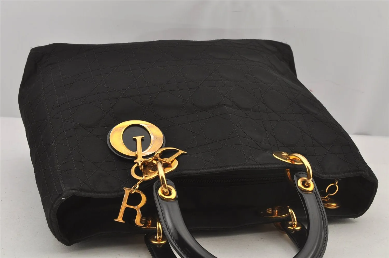 Auth Christian Dior Lady Dior Cannage Nylon Leather 2Way Hand Bag Black CD 6812J