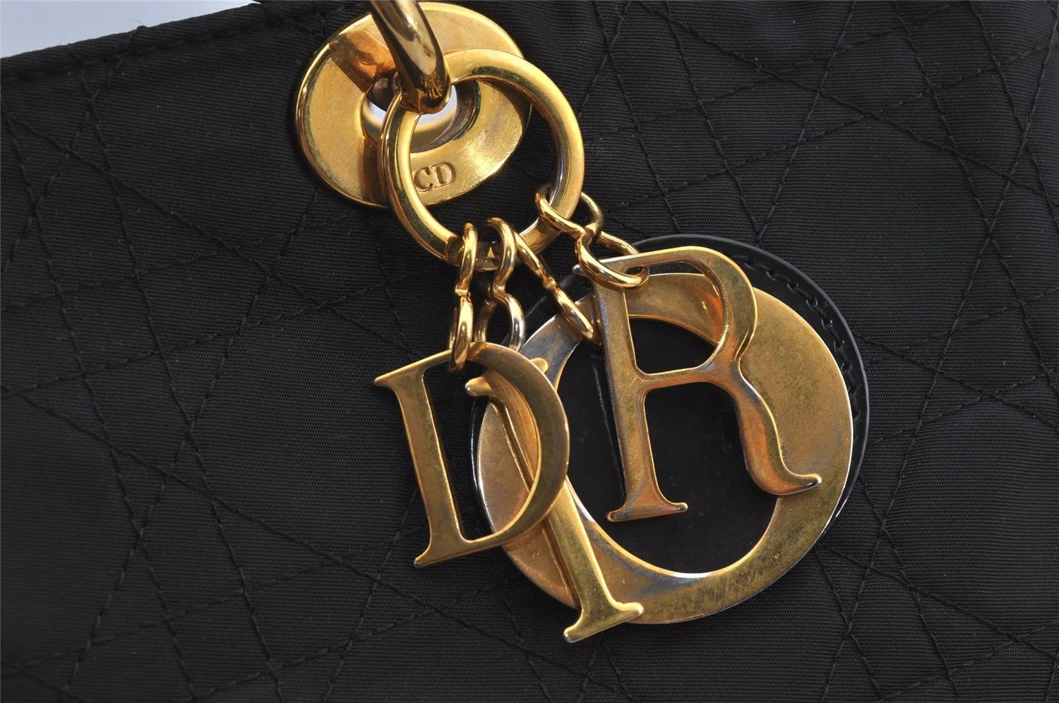 Auth Christian Dior Lady Dior Cannage Nylon Leather 2Way Hand Bag Black CD 6812J