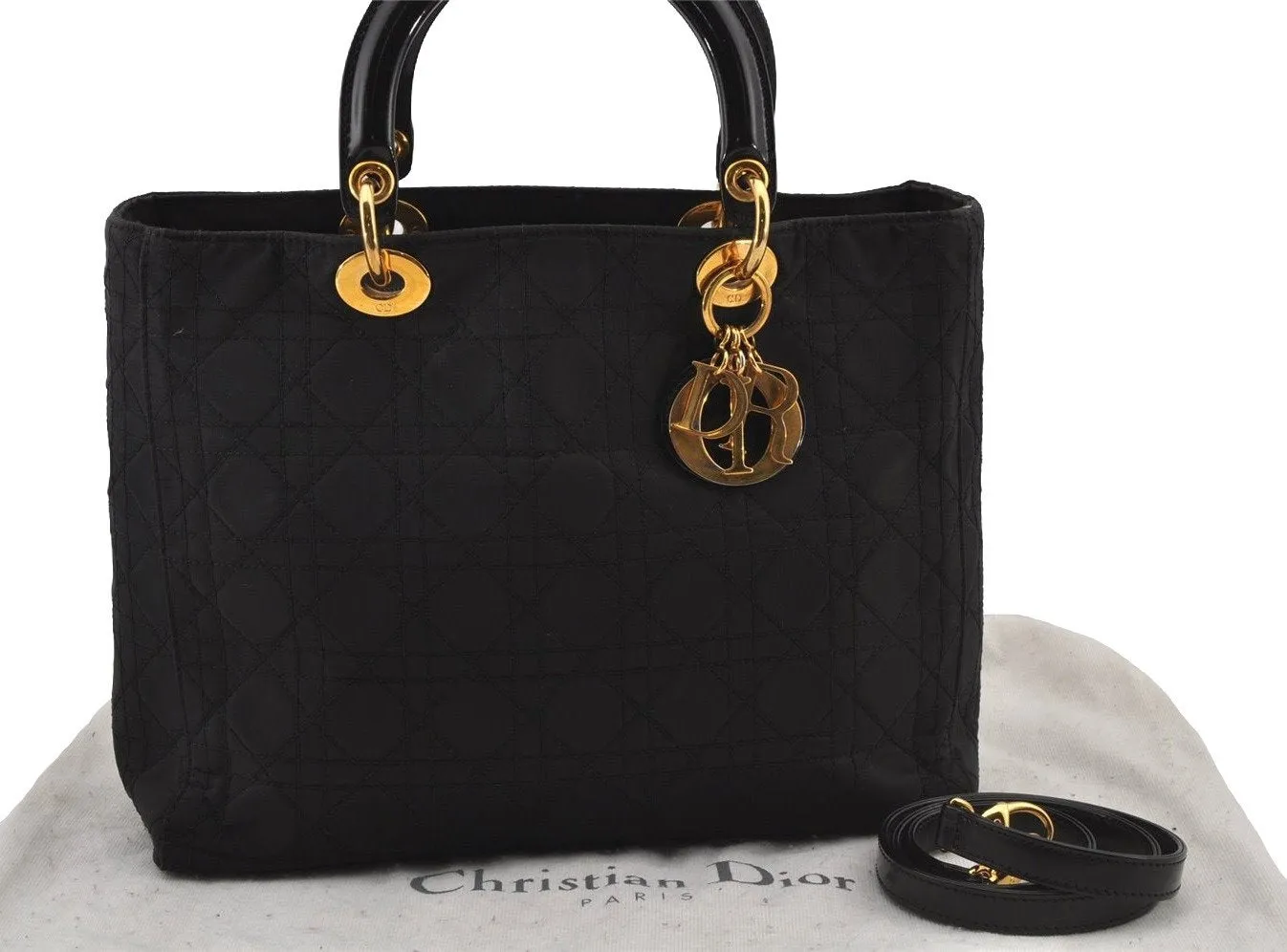 Auth Christian Dior Lady Dior Cannage Nylon Leather 2Way Hand Bag Black CD 6812J
