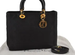 Auth Christian Dior Lady Dior Cannage Nylon Leather 2Way Hand Bag Black CD 6812J