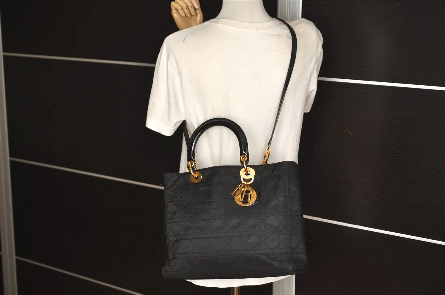 Auth Christian Dior Lady Dior Cannage Nylon Leather 2Way Hand Bag Black CD 6812J