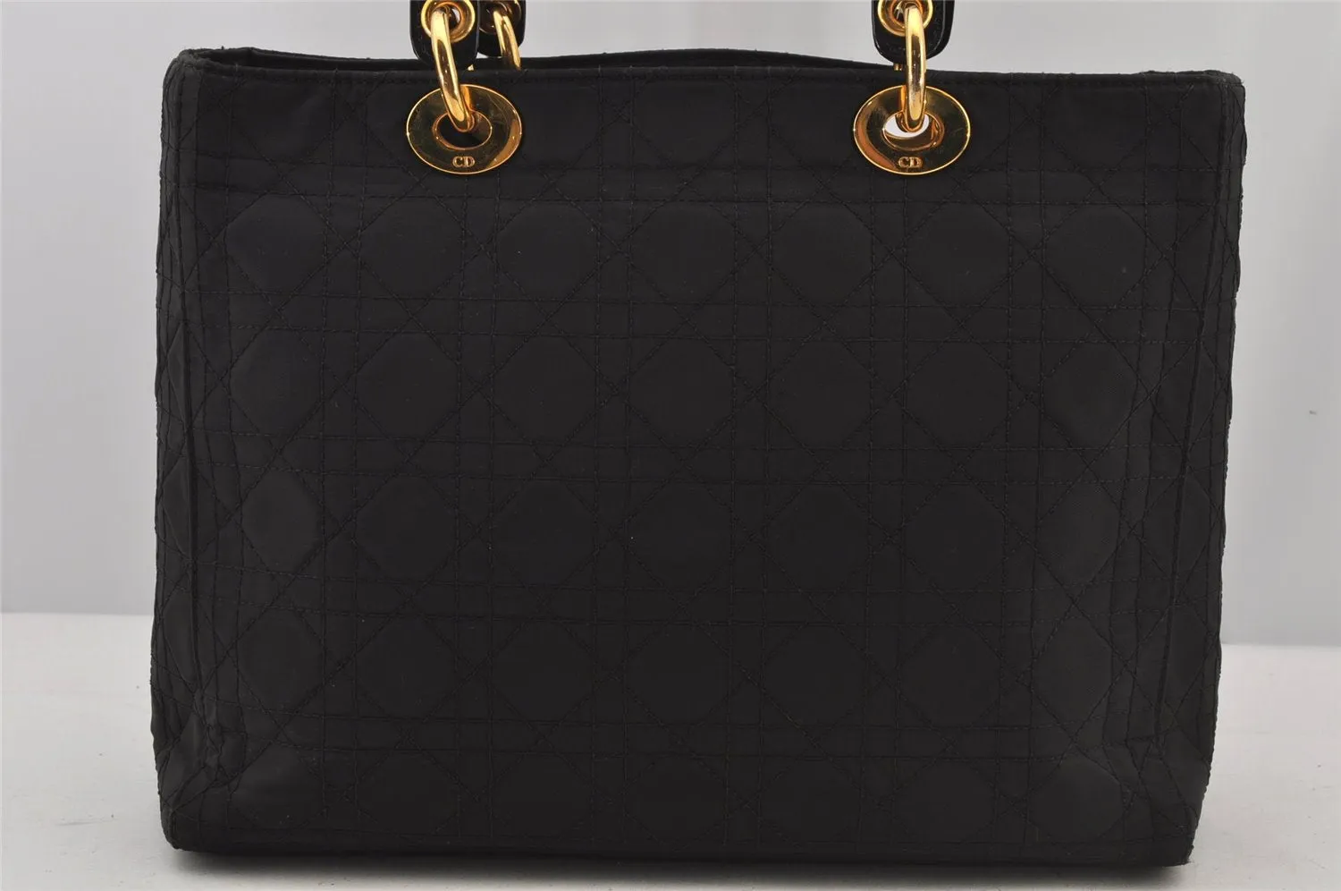 Auth Christian Dior Lady Dior Cannage Nylon Leather 2Way Hand Bag Black CD 6812J