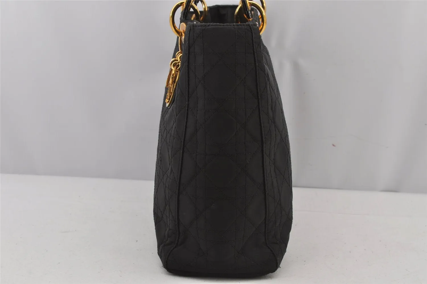 Auth Christian Dior Lady Dior Cannage Nylon Leather 2Way Hand Bag Black CD 6812J
