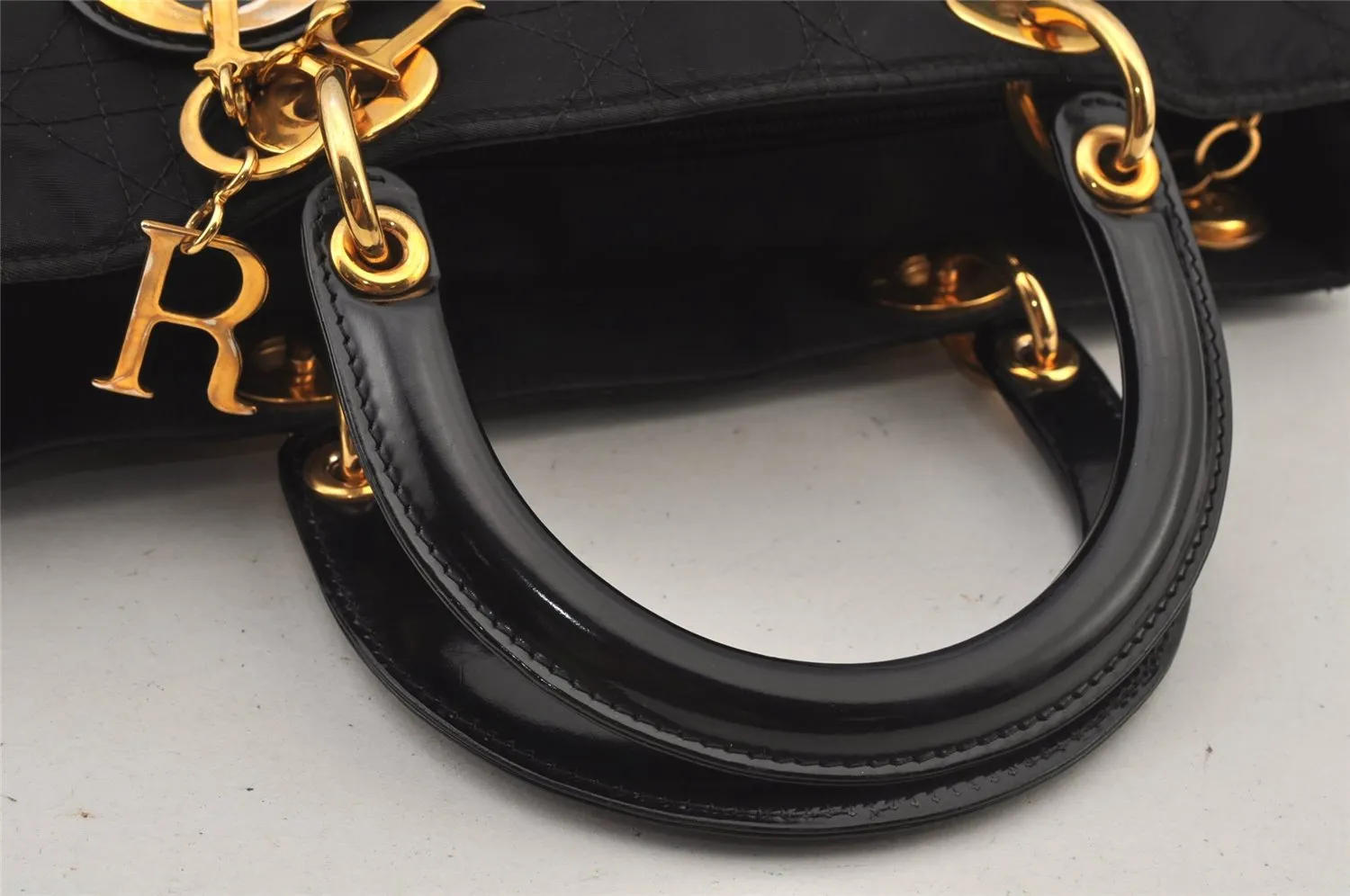 Auth Christian Dior Lady Dior Cannage Nylon Leather 2Way Hand Bag Black CD 6812J