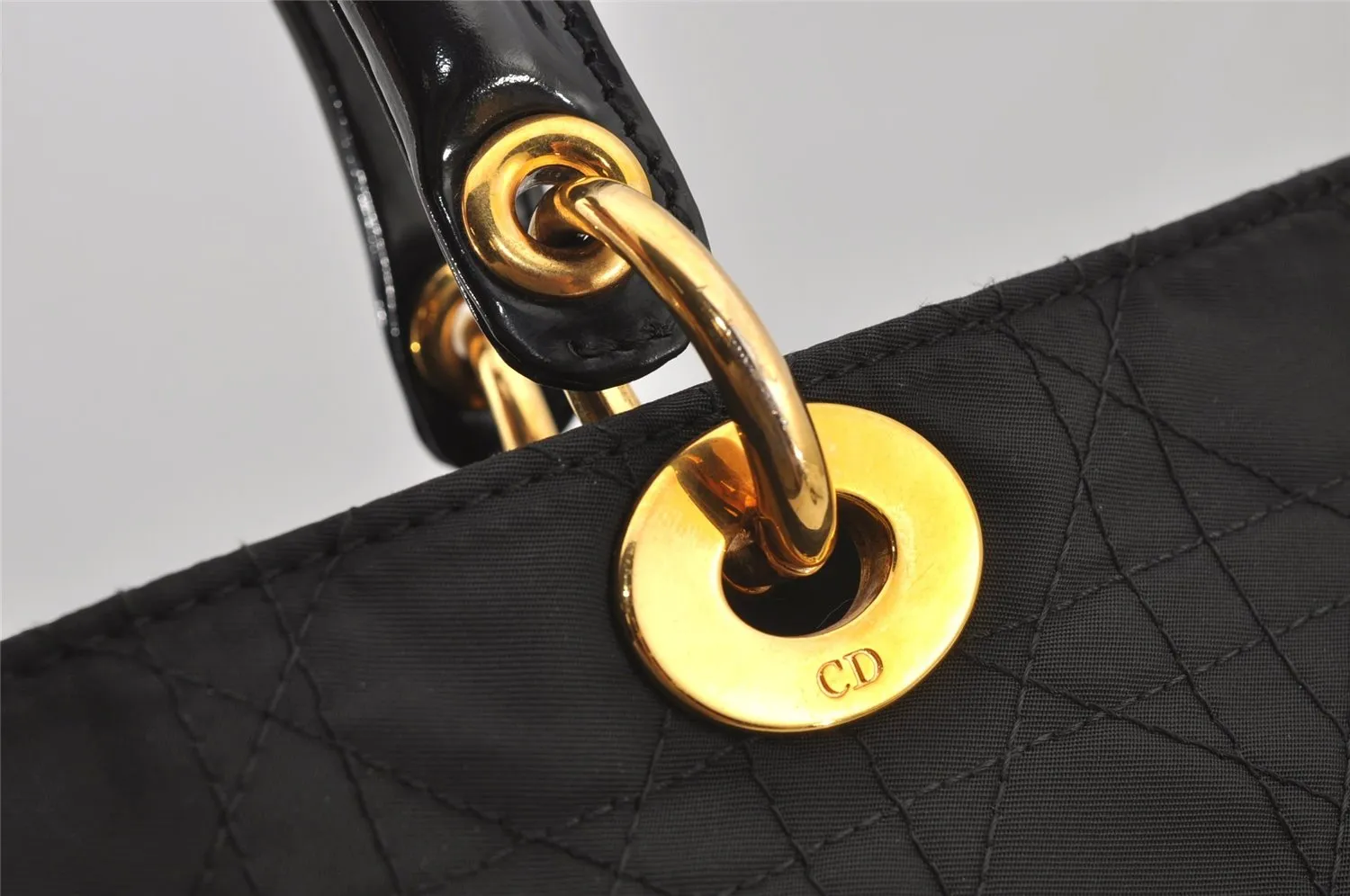 Auth Christian Dior Lady Dior Cannage Nylon Leather 2Way Hand Bag Black CD 6812J