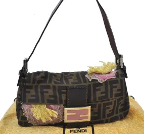 Auth FENDI Zucca Mamma Baguette Flower Motif Shoulder Hand Bag Nylon Brown H3276