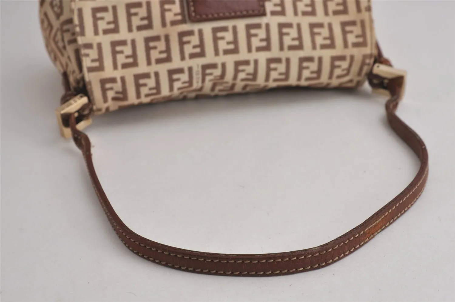 Auth FENDI Zucchino Mamma Baguette Shoulder Bag Canvas Leather Brown 6672J