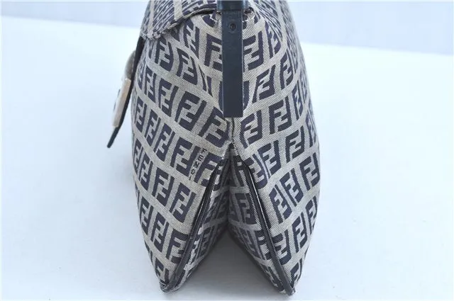 Auth FENDI Zucchino Mamma Baguette Shoulder Bag Canvas Leather Navy Blue H9049