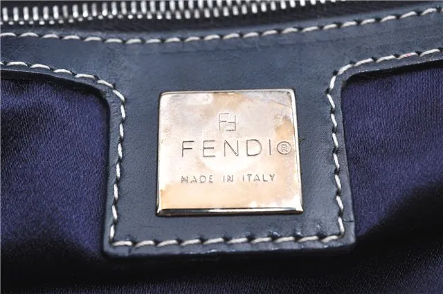 Auth FENDI Zucchino Mamma Baguette Shoulder Bag Canvas Leather Navy Blue J0029