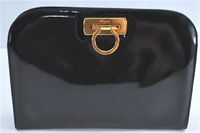 Auth Ferragamo Gancini Enamel Chain Shoulder Cross Body Bag Purse Black J1317