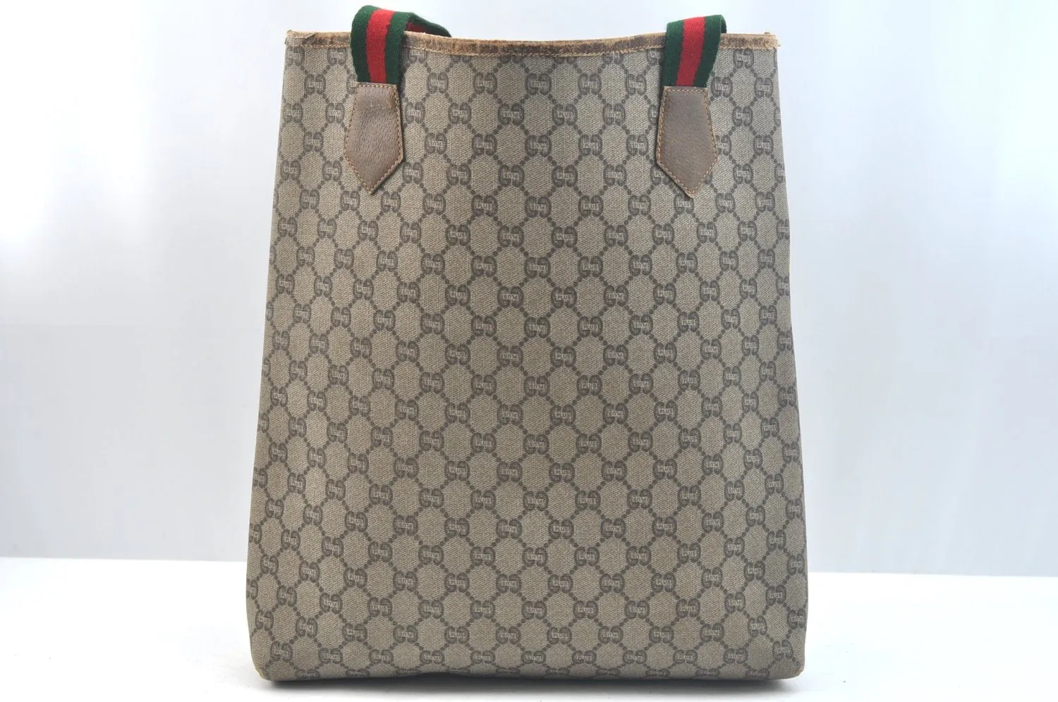 Auth GUCCI GG Plus Web Sherry Line Shoulder Tote Bag PVC Leather Brown K5496
