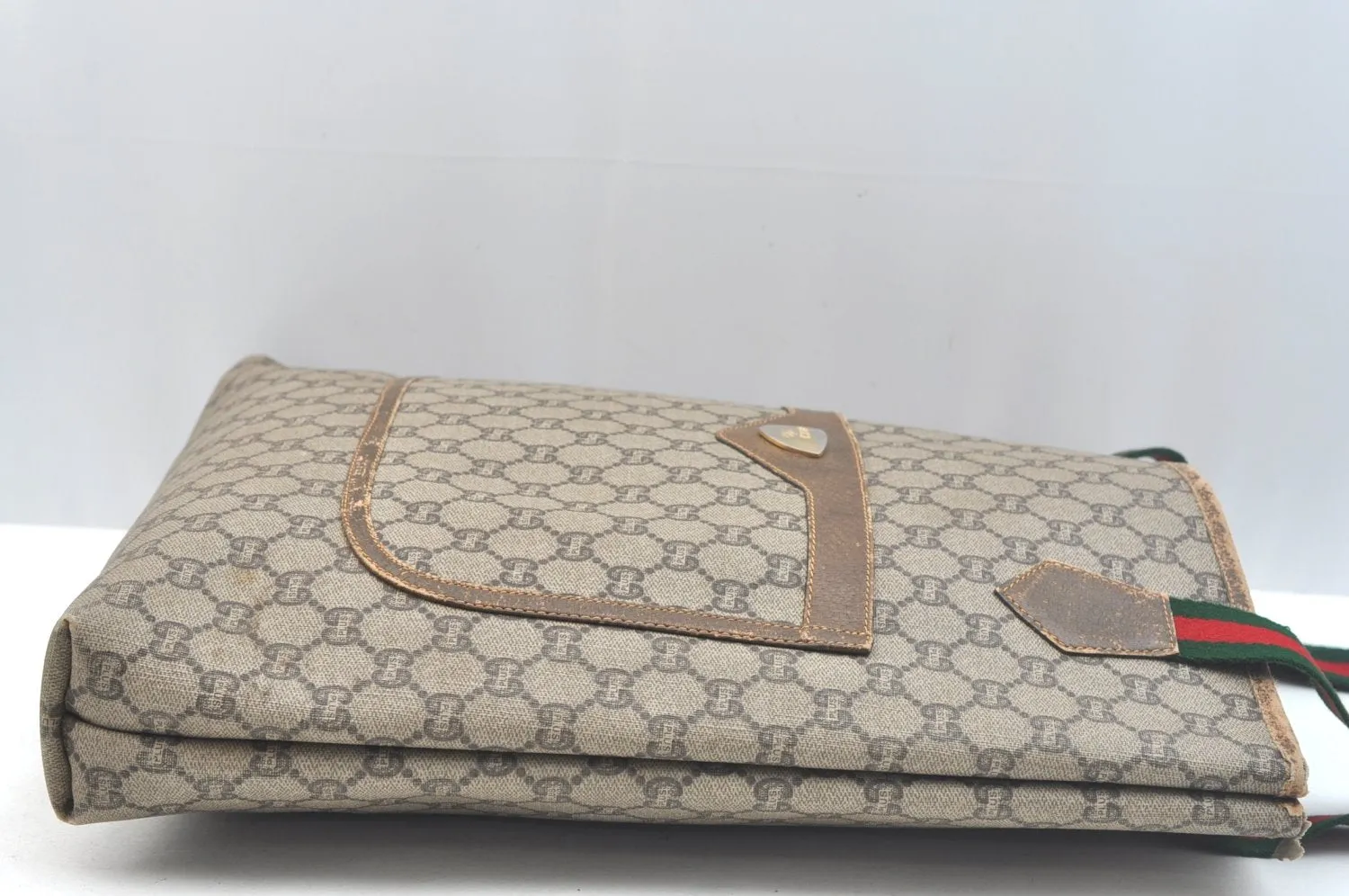 Auth GUCCI GG Plus Web Sherry Line Shoulder Tote Bag PVC Leather Brown K5496
