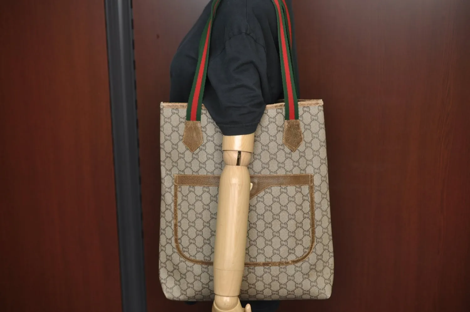 Auth GUCCI GG Plus Web Sherry Line Shoulder Tote Bag PVC Leather Brown K5496