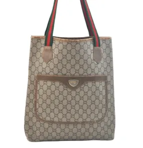 Auth GUCCI GG Plus Web Sherry Line Shoulder Tote Bag PVC Leather Brown K5496