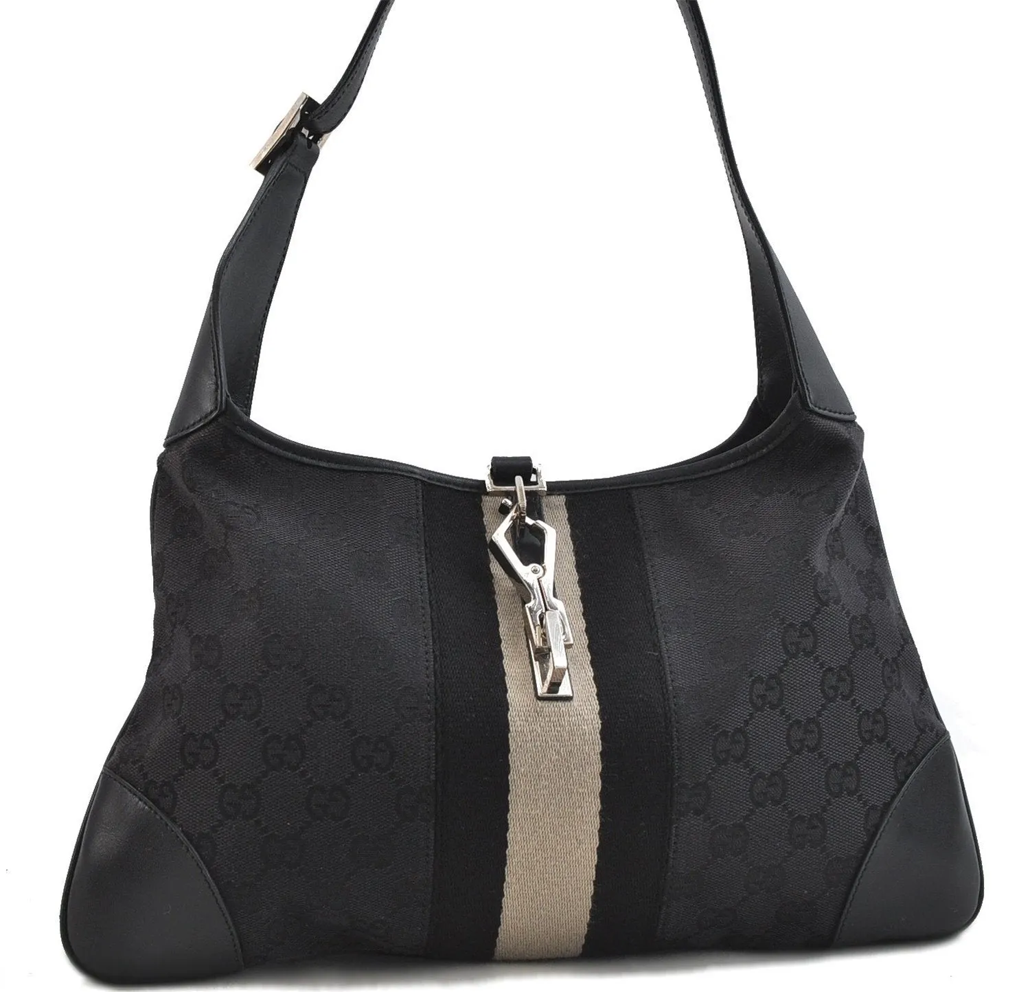 Auth GUCCI Sherry Line Kandinsky Shoulder Hand Bag GG Canvas Leather Black 1487D