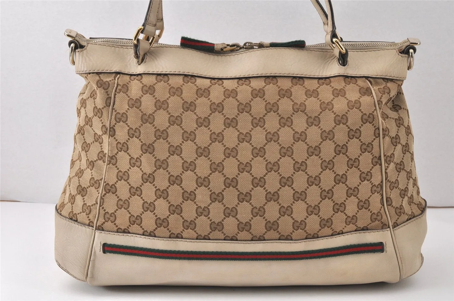 Auth GUCCI Web Sherry Line Mayfair 2Way Tote Bag GG Canvas Leather Brown 4595K