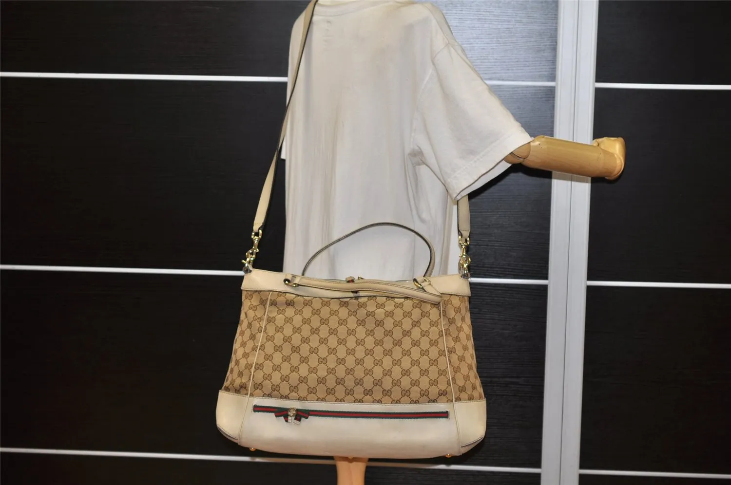 Auth GUCCI Web Sherry Line Mayfair 2Way Tote Bag GG Canvas Leather Brown 4595K