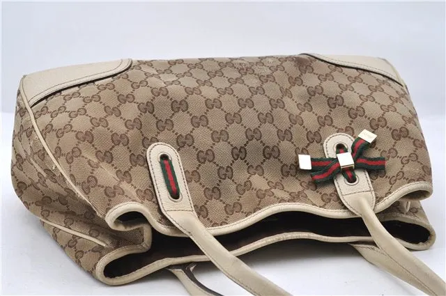 Auth GUCCI Web Sherry Line Princy Ribbon Tote Bag GG Canvas 163805 Brown 4907C