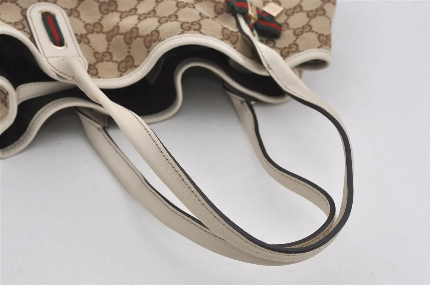 Auth GUCCI Web Sherry Line Princy Tote Bag GG Canvas Leather 163805 Brown 2217I