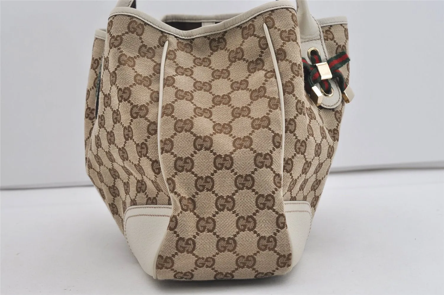 Auth GUCCI Web Sherry Line Princy Tote Bag GG Canvas Leather 163805 Brown 2217I