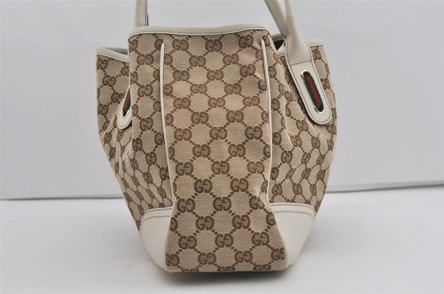 Auth GUCCI Web Sherry Line Princy Tote Bag GG Canvas Leather 163805 Brown 2217I