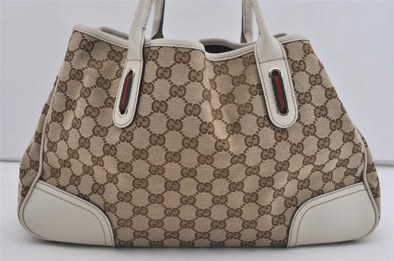 Auth GUCCI Web Sherry Line Princy Tote Bag GG Canvas Leather 163805 Brown 2217I