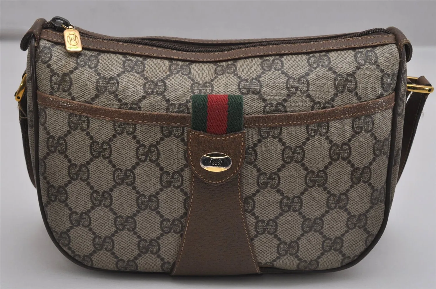 Auth GUCCI Web Sherry Line Shoulder Cross Bag GG PVC Leather Brown Junk 9869J