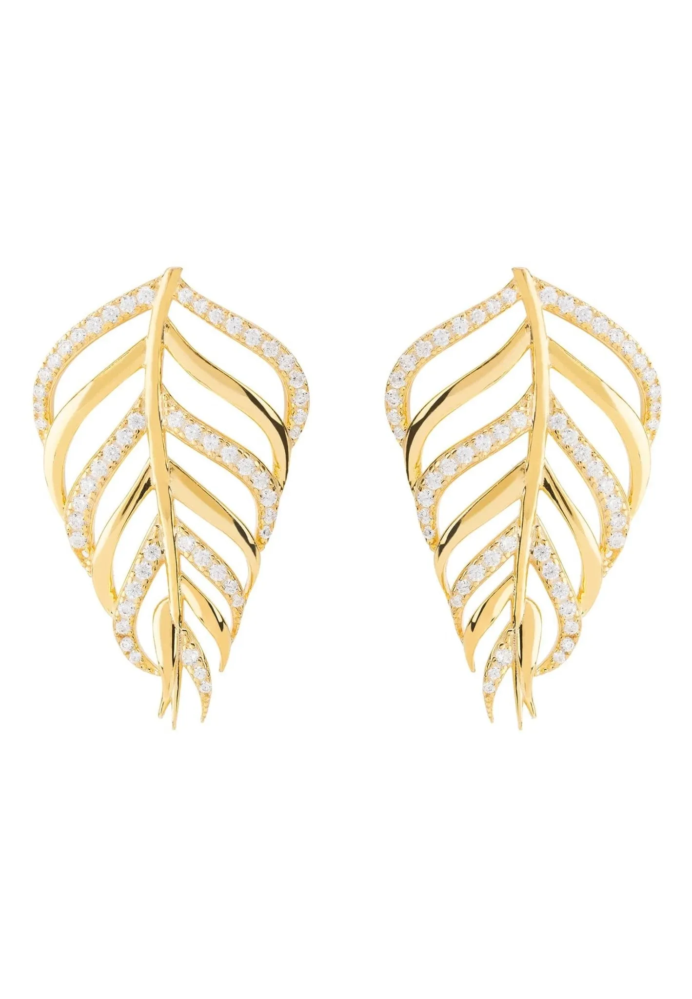 Bali Leaf Stud Earrings White Cz Gold