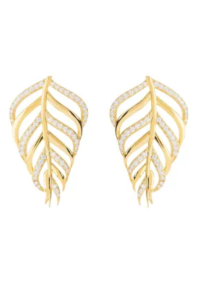 Bali Leaf Stud Earrings White Cz Gold