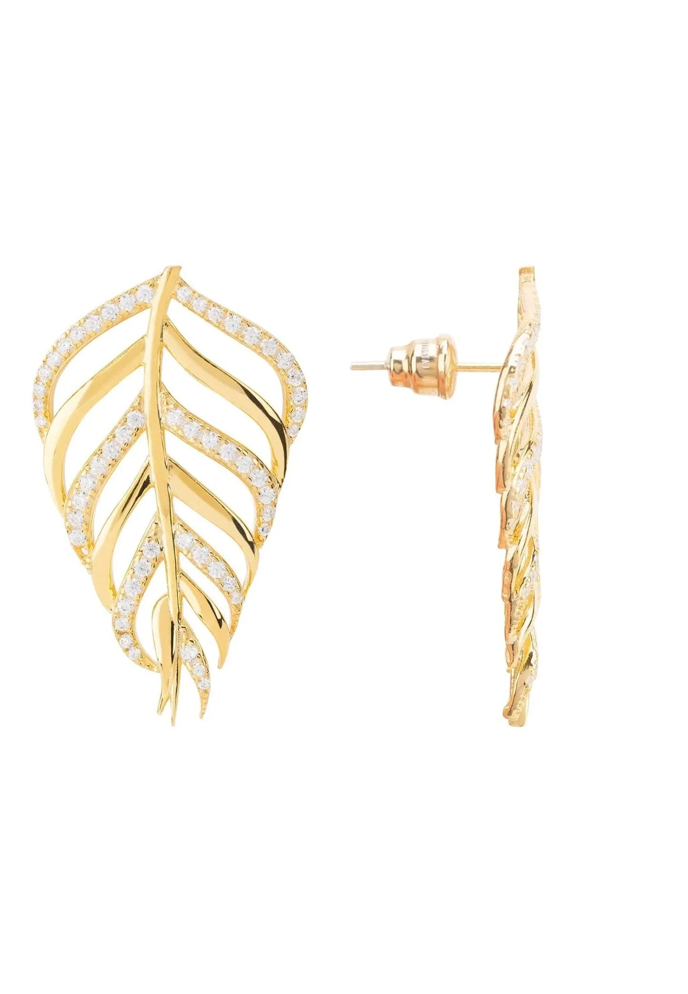 Bali Leaf Stud Earrings White Cz Gold