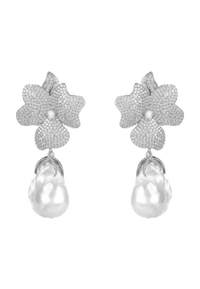 Baroque Pearl White Flower Drop Earring Silver