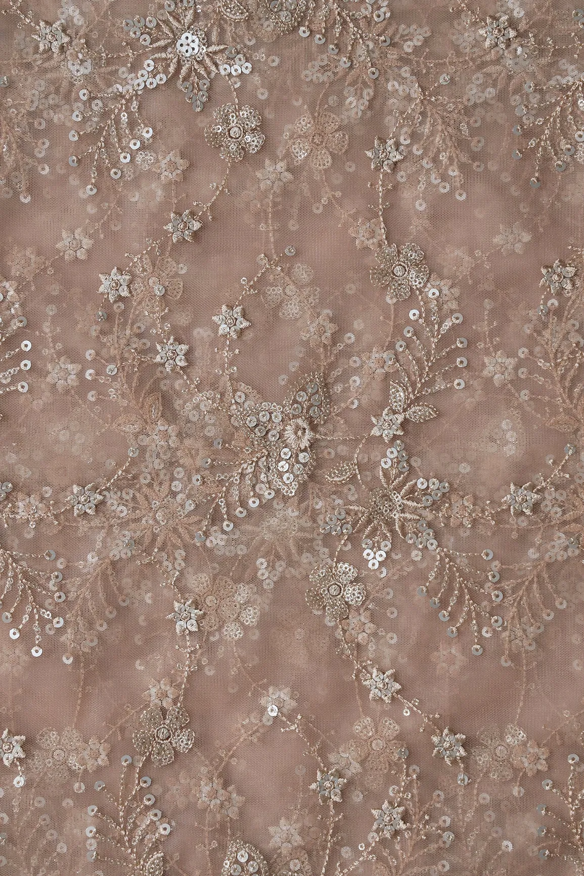 Beautiful Beige Thread With Sequins Floral Embroidery Work On Beige Soft Net Fabric