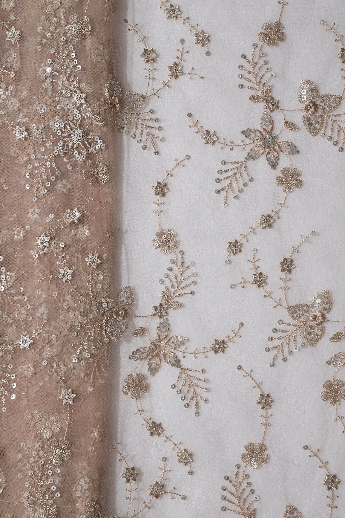 Beautiful Beige Thread With Sequins Floral Embroidery Work On Beige Soft Net Fabric