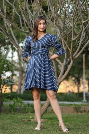 Chevron Blue Back Tie-up Summer Dress