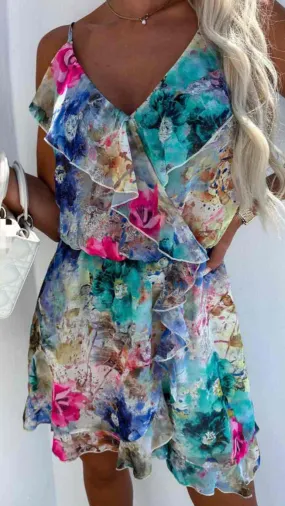 Darby Blue Floral Frill Detail Mini Dress