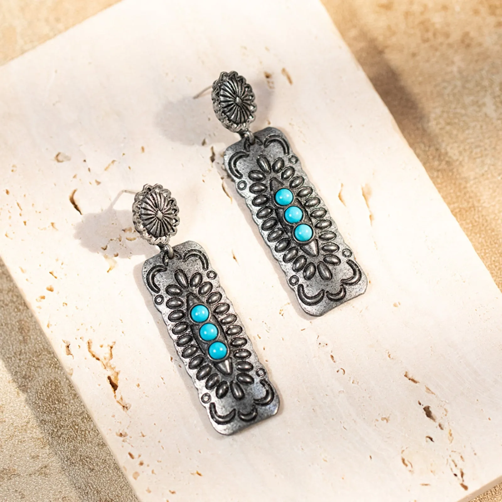 ER-1011 Rustic Couture's  Bohemian Antique Plated Natural Stone Dangle Earring - By Pairs