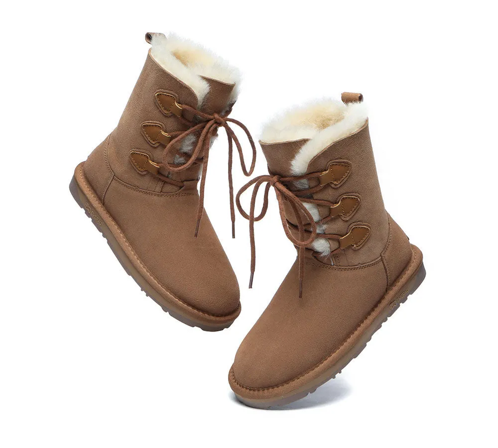 EVERAU® Women Sheepskin Wool Lace Up Boots Tall Stark