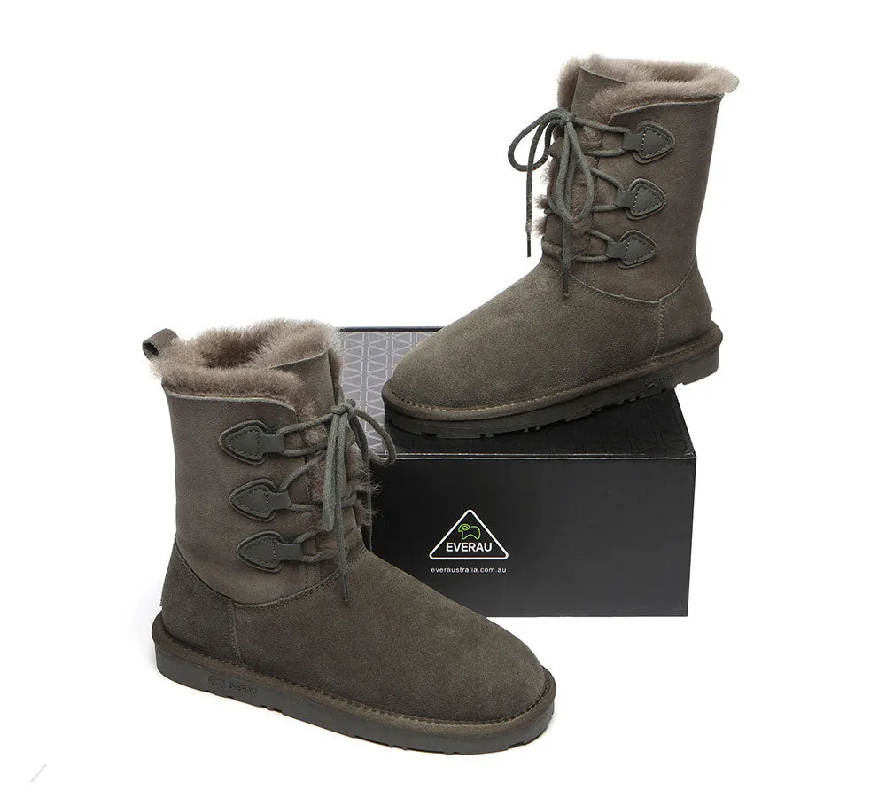 EVERAU® Women Sheepskin Wool Lace Up Boots Tall Stark