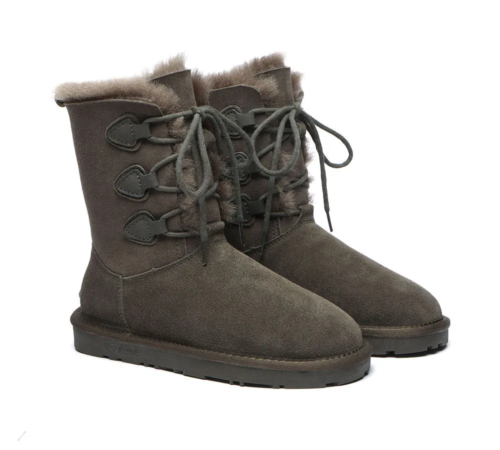 EVERAU® Women Sheepskin Wool Lace Up Boots Tall Stark