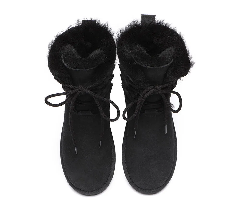 EVERAU® Women Sheepskin Wool Lace Up Boots Tall Stark