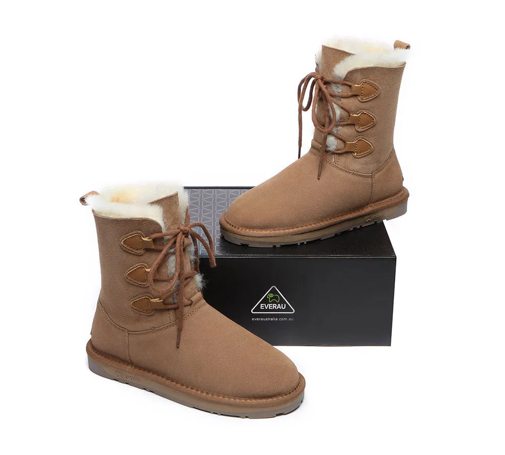 EVERAU® Women Sheepskin Wool Lace Up Boots Tall Stark