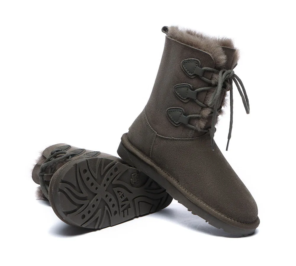 EVERAU® Women Sheepskin Wool Lace Up Boots Tall Stark