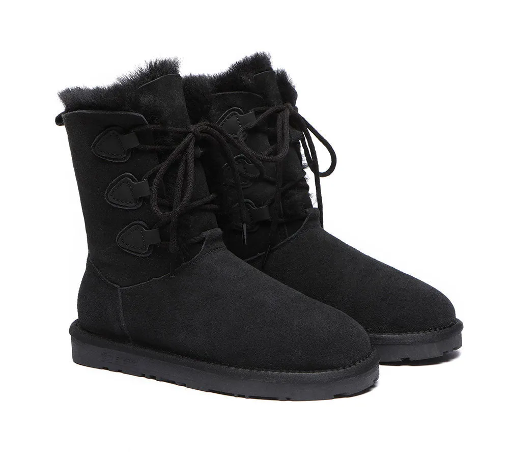 EVERAU® Women Sheepskin Wool Lace Up Boots Tall Stark