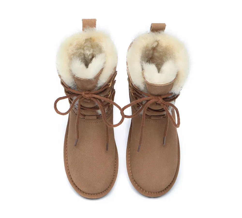 EVERAU® Women Sheepskin Wool Lace Up Boots Tall Stark