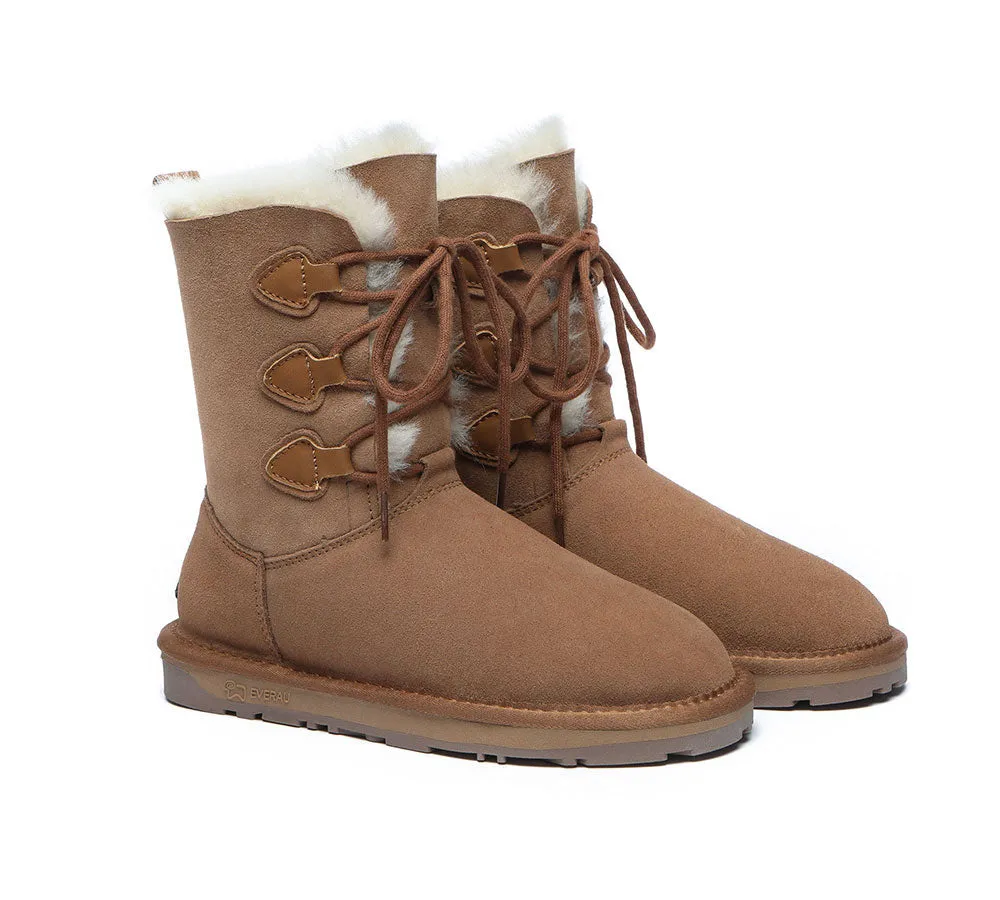 EVERAU® Women Sheepskin Wool Lace Up Boots Tall Stark