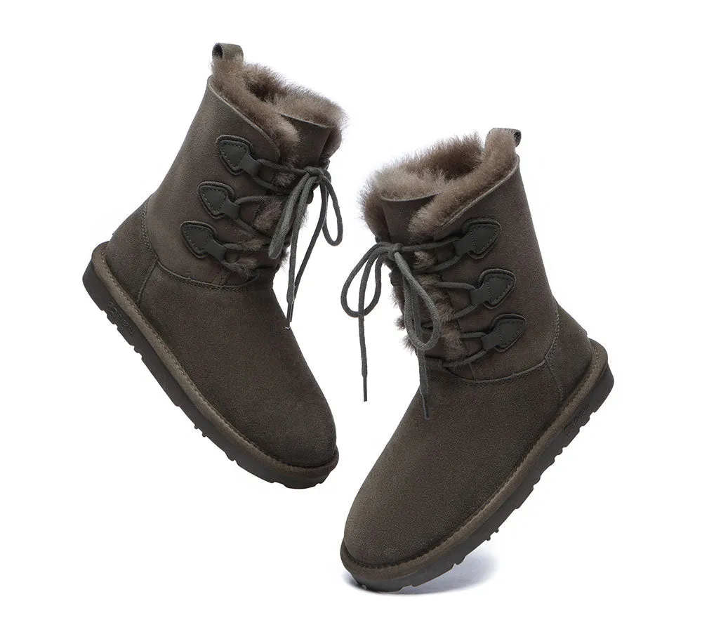 EVERAU® Women Sheepskin Wool Lace Up Boots Tall Stark
