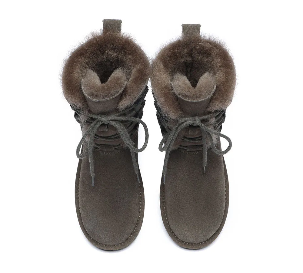 EVERAU® Women Sheepskin Wool Lace Up Boots Tall Stark