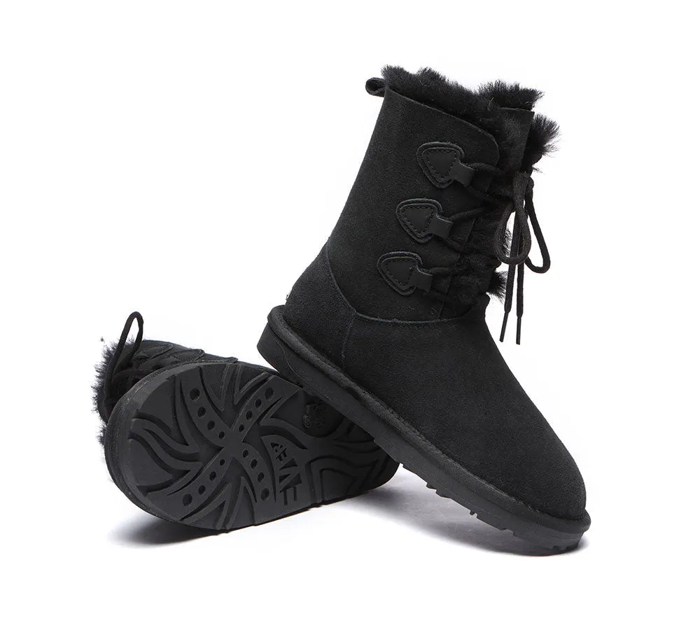 EVERAU® Women Sheepskin Wool Lace Up Boots Tall Stark