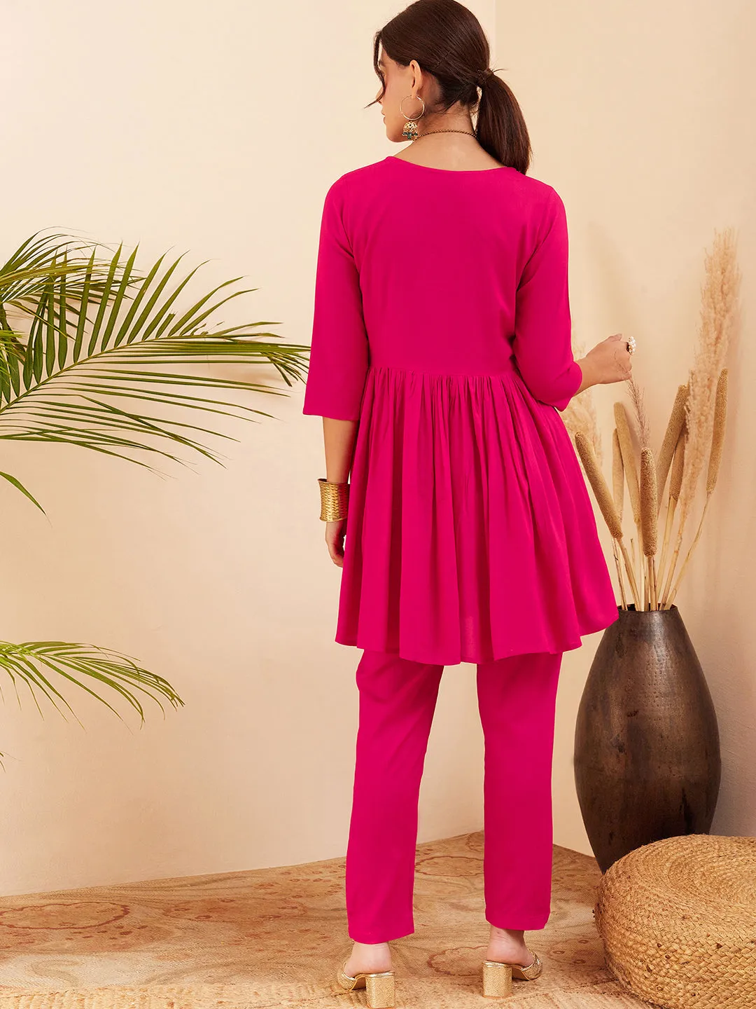Fuchsia Round Neck Square Gota Work Kurta Pant Set